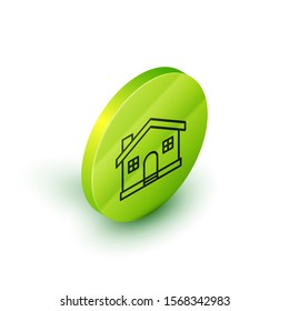 Isometric line House icon isolated on white background. Home symbol. Green circle button. Vector Illustration