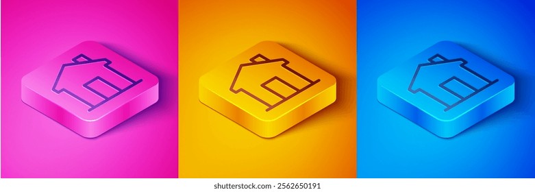 Isometric line House icon isolated on pink and orange, blue background. Real estate agency or cottage town elite class. Square button. Vector