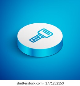 Isometric line House key icon isolated on blue background. White circle button. Vector