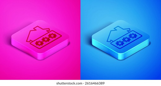 Isometric line House with password notification icon isolated on pink and blue background. The concept of the house turnkey. Square button. Vector