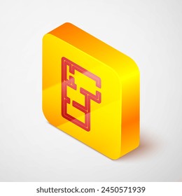 Isometric line House plan icon isolated on grey background. Yellow square button. Vector