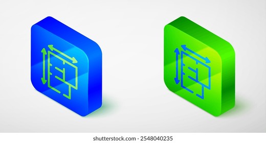 Isometrische Linie Haushaltsplansymbol einzeln auf grauem Hintergrund. Blauer und grüner quadratischer Knopf. Vektorgrafik