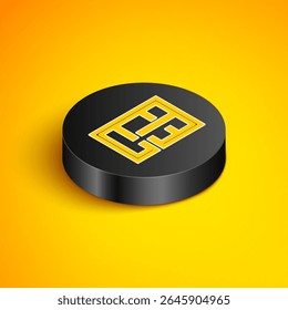 Isometric line House plan icon isolated on yellow background. Black circle button. Vector