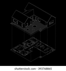 Isometric line house with plan projection on black background.