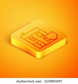 Isometric line House with shield icon isolated on orange background. Insurance concept. Security, safety, protection, protect concept. Orange square button. Vector Illustration