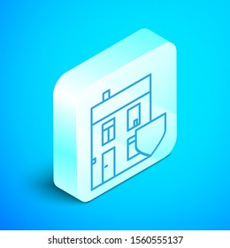 Isometric line House with shield icon isolated on blue background. Insurance concept. Security, safety, protection, protect concept. Silver square button. Vector Illustration