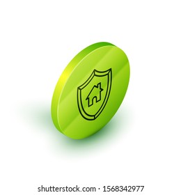 Isometric line House with shield icon isolated on white background. Insurance concept. Security, safety, protection, protect concept. Green circle button. Vector Illustration