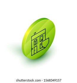 Isometric line House with shield icon isolated on white background. Insurance concept. Security, safety, protection, protect concept. Green circle button. Vector Illustration