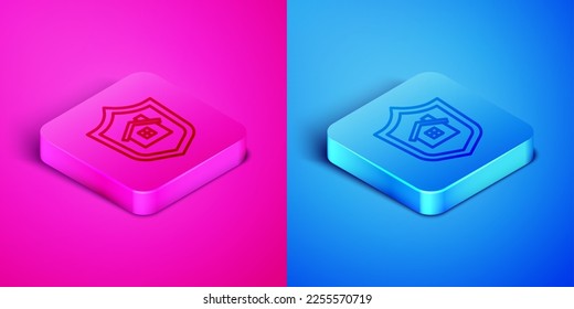 Línea isométrica Casa con icono de escudo aislado en fondo rosa y azul. Concepto de seguro. Seguridad, seguridad, protección, concepto de protección. Botón cuadrado. Vector