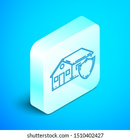 Isometric line House under protection icon isolated on blue background. Protection, safety, security, protect, defense concept. Silver square button. Vector Illustration