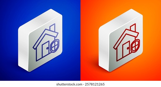 Isometric line House under protection icon isolated on blue and orange background. Home and shield. Protection, safety, security, protect, defense concept. Silver square button. Vector Illustration