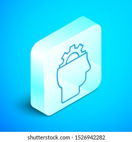 Isometric line Human with gear inside icon isolated on blue background. Artificial intelligence. Thinking brain sign. Symbol work of brain. Silver square button. Vector Illustration