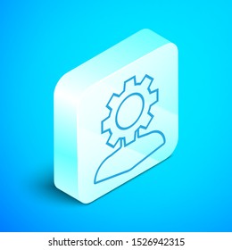 Isometric line Human with gear inside icon isolated on blue background. Artificial intelligence. Thinking brain sign. Symbol work of brain. Silver square button. Vector Illustration