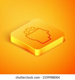 Isometric line Human with gear inside icon isolated on orange background. Artificial intelligence. Thinking brain sign. Symbol work of brain. Orange square button. Vector Illustration