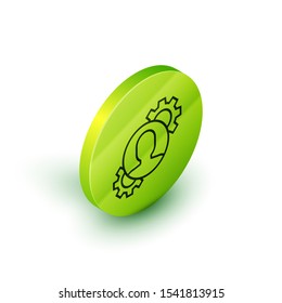 Isometric line Human with gear inside icon isolated on white background. Artificial intelligence. Thinking brain sign. Symbol work of brain. Green circle button. Vector Illustration