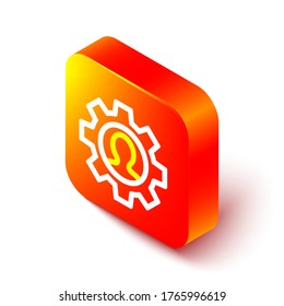Isometric line Human with gear inside icon isolated on white background. Artificial intelligence. Thinking brain sign. Symbol work of brain. Orange square button. Vector Illustration