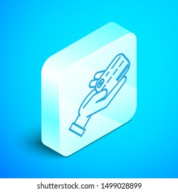Isometric line Human hand holding with credit card icon isolated on blue background. Online payment. Pay by card. Financial operations. Silver square button. Vector Illustration