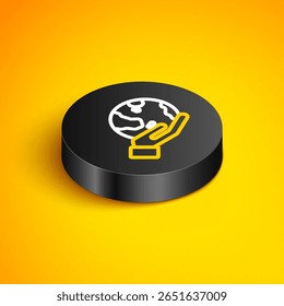 Línea isométrica Mano humana sosteniendo el icono del globo terráqueo aislado sobre fondo amarillo. Guardar Concepto de la tierra. Botón de círculo negro. Vector