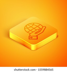 Isometric line Human hands holding Earth globe icon isolated on orange background. Save earth concept. Orange square button. Vector Illustration