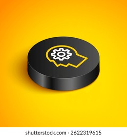 Isometric line Human head with gear inside icon isolated on yellow background. Artificial intelligence. Thinking brain. Symbol work of brain. Black circle button. Vector