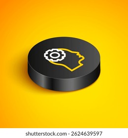Isometric line Human head with gear inside icon isolated on yellow background. Artificial intelligence. Thinking brain. Symbol work of brain. Black circle button. Vector