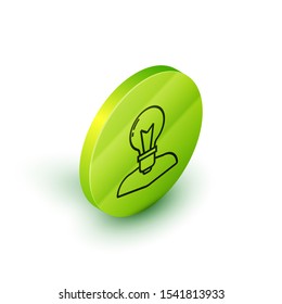 Isometric line Human head with lamp bulb icon isolated on white background. Green circle button. Vector Illustration