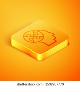 Isometric line Human head puzzles strategy icon isolated on orange background. Thinking brain sign. Symbol work of brain. Orange square button. Vector Illustration
