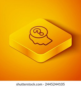 Isometric line Human head with question mark icon isolated on orange background. Yellow square button. Vector Illustration
