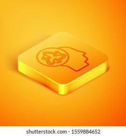 Isometric line Human head with recycle icon isolated on orange background. Recycling thinking. Ecology friendly. Orange square button. Vector Illustration