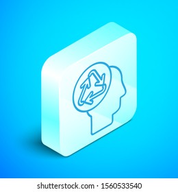 Isometric line Human head with recycle icon isolated on blue background. Recycling thinking. Ecology friendly. Silver square button. Vector Illustration
