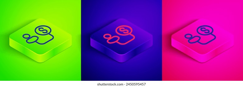 Isometric line Human and money icon isolated on green, blue and pink background. Concept of attracting investments. Big business profit attraction and success. Square button. Vector