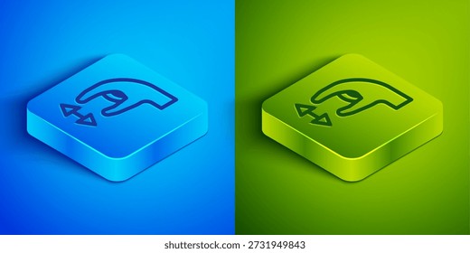 Isometric line Human standing and showing the size of something with his hands icon isolated on blue and green background. Approximate measurements. Square button. Vector