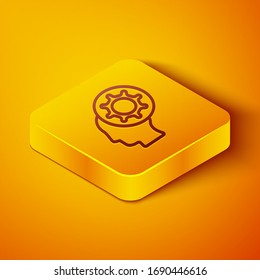 Isometric line Human and virus icon isolated on orange background. Corona virus 2019-nCoV. Bacteria and germs, cell cancer, microbe, fungi. Yellow square button. Vector Illustration