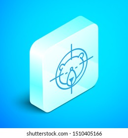 Isometric line Hunt on bear with crosshairs icon isolated on blue background. Hunting club logo with bear and target. Rifle lens aiming a bear. Silver square button. Vector Illustration