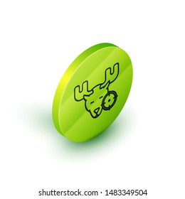 Isometric line Hunt on moose with crosshairs icon isolated on white background. Hunting club logo with moose and target. Rifle lens aiming a moose. Green circle button. Vector Illustration