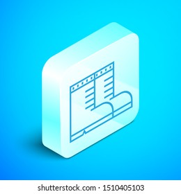 Isometric line Hunter boots icon isolated on blue background. Silver square button. Vector Illustration