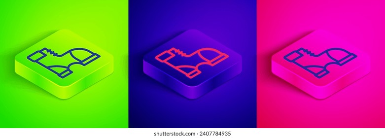 Isometric line Hunter boots icon isolated on green, blue and pink background. Square button. Vector