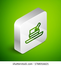 Isometric line Hunter hat with feather icon isolated on green background. Plaid winter hat. Silver square button. Vector