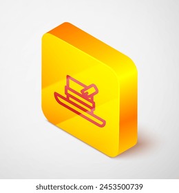 Isometric line Hunter hat with feather icon isolated on grey background. Plaid winter hat. Yellow square button. Vector