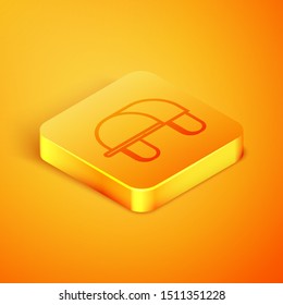 Isometric line Hunter hat icon isolated on orange background. Plaid winter hat. Orange square button. Vector Illustration