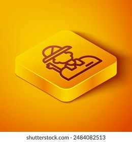 Isometric line Hunter icon isolated on orange background. Yellow square button. Vector