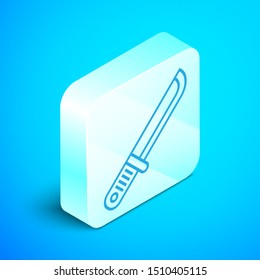 Isometric line Hunter knife icon isolated on blue background. Army knife. Silver square button. Vector Illustration