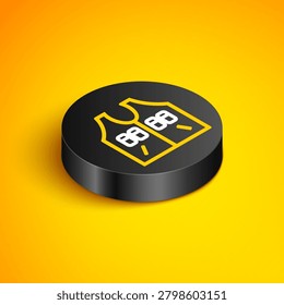 Isometric line Hunting jacket icon isolated on yellow background. Hunting vest. Black circle button. Vector