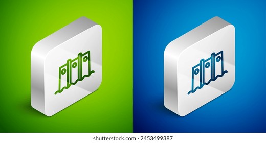 Isometric line Hydroelectric dam icon isolated on green and blue background. Water energy plant. Hydropower. Hydroelectricity. Silver square button. Vector
