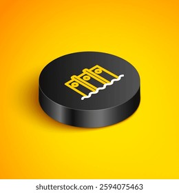 Isometric line Hydroelectric dam icon isolated on yellow background. Water energy plant. Hydropower. Hydroelectricity. Black circle button. Vector