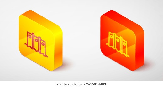 Isometric line Hydroelectric dam icon isolated on grey background. Water energy plant. Hydropower. Hydroelectricity. Yellow and orange square button. Vector