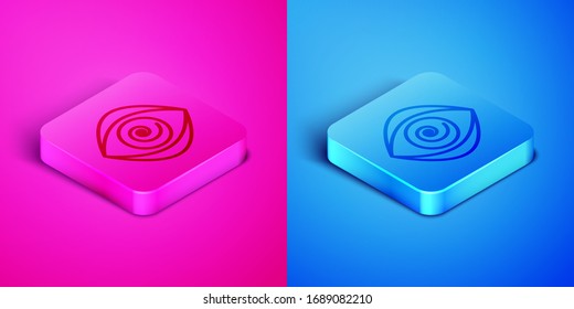 Isometric line Hypnosis icon isolated on pink and blue background. Human eye with spiral hypnotic iris. Square button. Vector Illustration