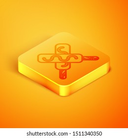 Isometric line Ice cream icon isolated on orange background. Sweet symbol. Orange square button. Vector Illustration