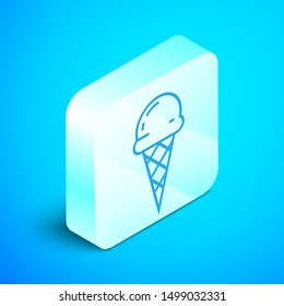 Isometric line Ice cream in waffle cone icon isolated on blue background. Sweet symbol. Silver square button. Vector Illustration