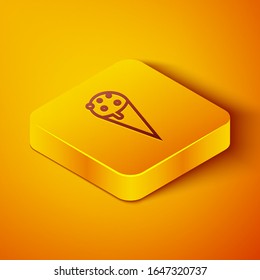 Isometric line Ice cream in waffle cone icon isolated on orange background. Sweet symbol. Yellow square button. Vector Illustration